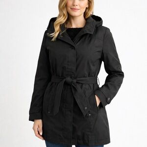 Calvin Klein Black Hooded Belted Trench Coat Jacket Quilted Lining Size M